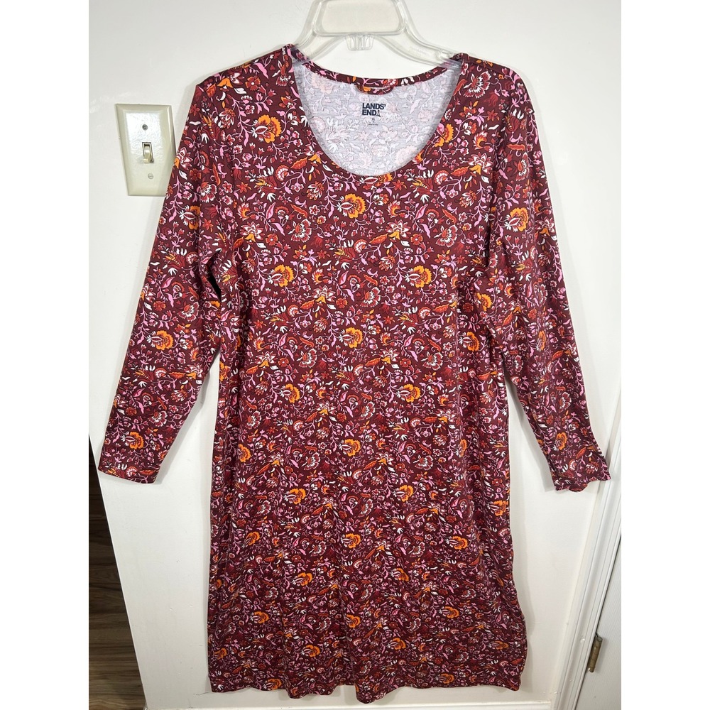 Lands End Dress XL 18 Burgundy Floral Knit Midi Cotton L/S Modest Prairie Casual